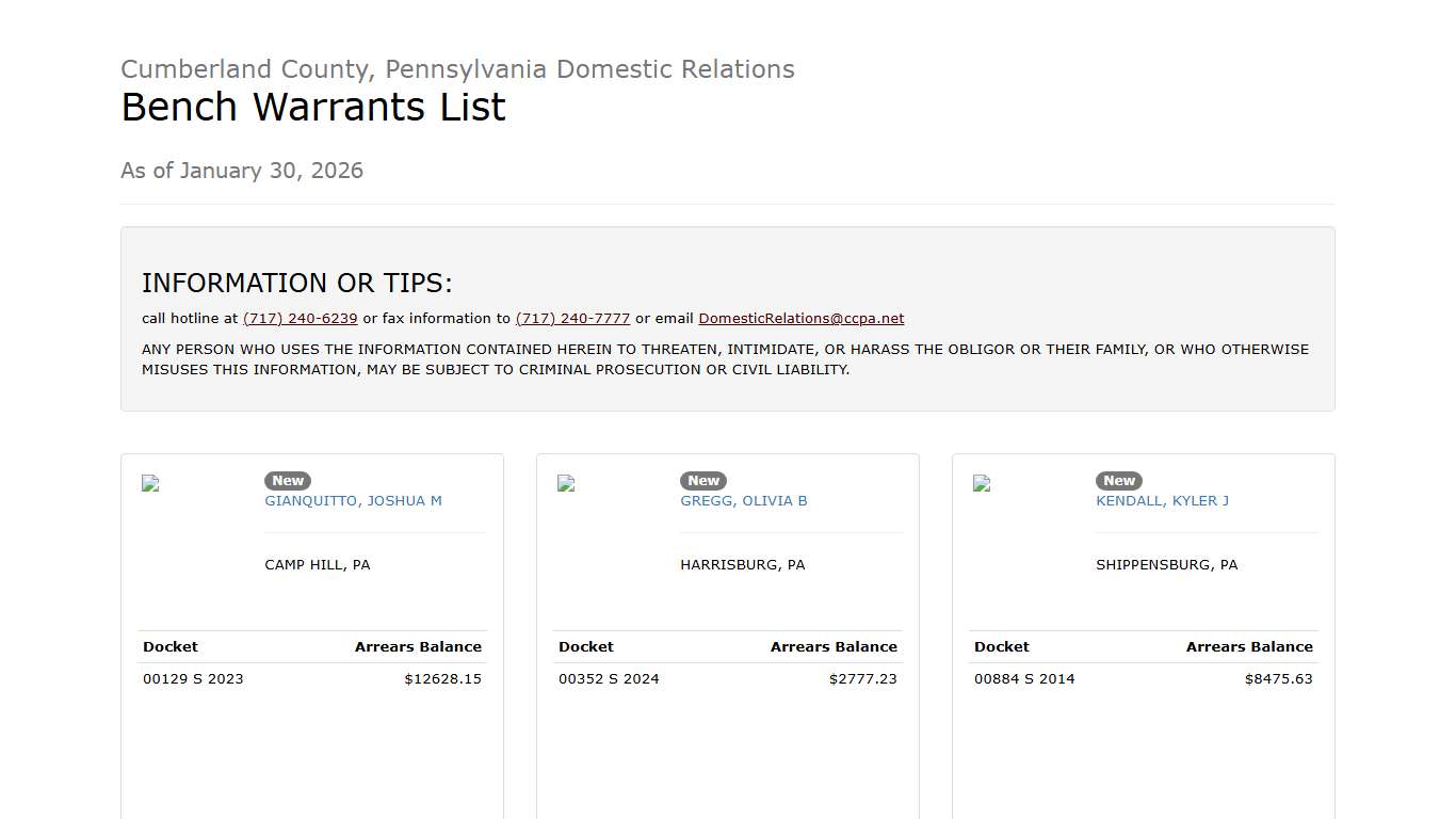 Cumberland County, PA Domestic Relations Warrants